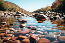 Collection Of Happy Boulders And Rocks Resting In Crystal-clear Fresh Water, Creating A Tranquil And Picturesque Scene, Autumn Nature