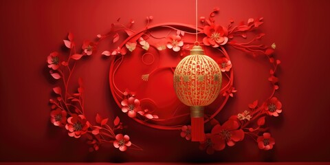 Wall Mural - A red and gold lantern hanging from a red wall. Chinese New Year. Digital image.