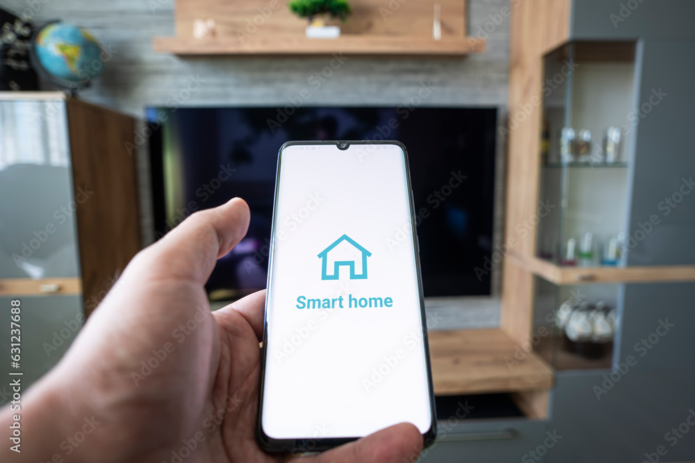 Foto de Stock smart home app on smartphone. remote control of ...