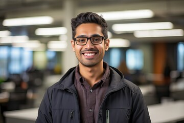 Indian male software engineer smiling at the camera, Computer science major