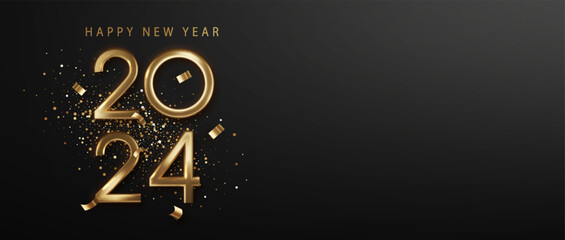 Wall Mural - 2024 golden number on black background. Greeting New year design with realistic gold metal number of year. Premium holiday design for greetings and celebrations