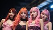 Female Korean K-pop idols with neon lit background, Kpop stars performing on stage