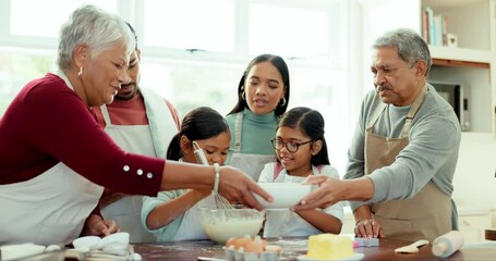 Wall Mural - Cooking, learning and baking with big family in kitchen for happy, generations and support. Food, breakfast and grandparents with children and parents at home for cookies, teaching and morning