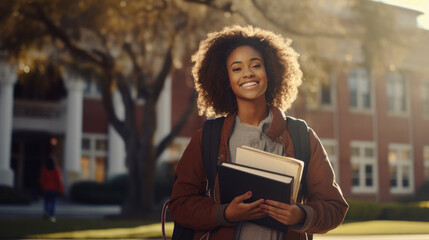 Sticker - Portrait Of Female Student Standing outside In front of College Building.Created with Generative AI technology.