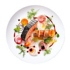 Canvas Print - Seafood dish om transparent plate, elegant and gourmet, a top view, fine dining.