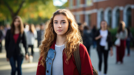 Sticker - Portrait Of Female Student Standing outside In front of College Building with lot of students.Created with Generative AI technology.