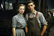 London factory workers from the 1940s pose in their work clothes.
