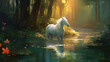 White beautiful horse near the lake in the forest by AI