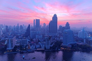 Wall Mural - Aerial panorama of Bangkok City in morning twilight, with rosy clouds in the sky, boats & ships on Chao Phraya River & modern skyscrapers by the riverside~Sunrise scenery of Bangkok in bird's eye view