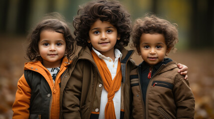 Group of happy smiling Indian little kids standing in forest background