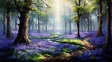  A Painting Of A Forest With Bluebells And A Stream.  Generative Ai