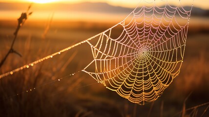 Wall Mural -  a spider web in the middle of a field at sunset.  generative ai