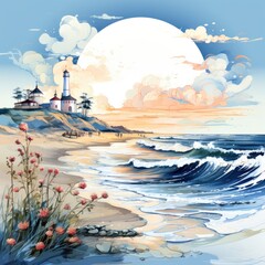 Wall Mural - A painting of a beach with a lighthouse in the background.