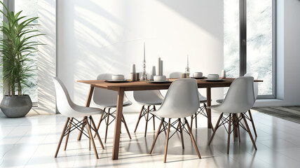 Wall Mural - Cozy Modern white dining room with a sleek table and stylish chairs. Generative AI