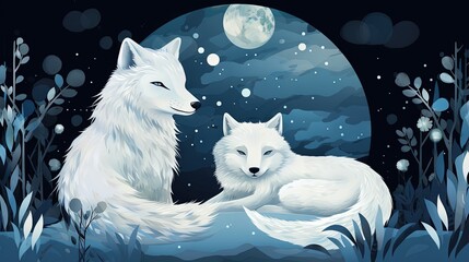 Sticker -  a couple of white foxes sitting next to each other on a field.  generative ai