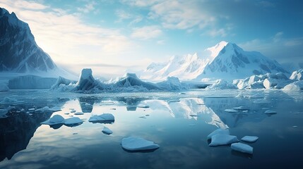 Poster -  a group of icebergs floating in the water near a mountain range.  generative ai