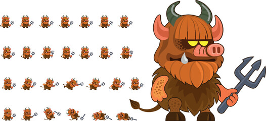 Funny devil with a trident in his hands. Sprite prepared for animation. Character for a computer game. Cute shaggy little monster for animation 