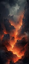 As The Sun Sets On The Horizon, A Majestic Mountain Erupts With Hot Lava, Painting The Sky With A Fiery Blend Of Clouds And Nature