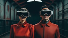 A Man And Woman Clad In Stylish Uniforms And Sporting Cool Virtual Reality Goggles Stand Confidently In Front Of A Magnificent Building, Ready To Explore A World Beyond Their Wildest Dreams
