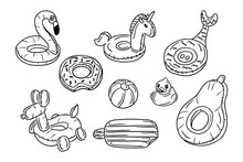 Set Of Hand Drawn Pool Floating Doodles. Black Vector Outline Elements On White Backgrpund. Different Pool Float And Bath Duck. Sketch Technique. Ideal For Coloring Pages, Stickers, Tatoo.
