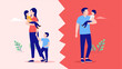 © Knut - Divorced with children - Vector illustration of parents going trough difficult divorce with kids and having shared custody. Flat design
