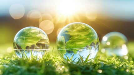 Wall Mural - transparent crystal spheres filled with sunlight on green grass. glass globes with outlines of conti