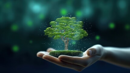 Wall Mural - Symbolic magic green tree in a human hand on blurred background. Respect for nature, sustainable energy, care for the environment, ecological development. Earth Day concept. Copy space. 3D rendering.