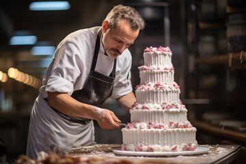 Wall Mural - A talented baker meticulously decorating a cake in a bakery, showing the creativity and precision in the art of pastry decoration