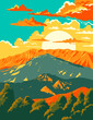 WPA poster art of Mount Parnassus, a mountain range within Parnassos National Woodland Park in central Greece done in works project administration or Art Deco style.
