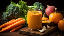  A Glass Of Carrot Juice Next To A Bunch Of Vegetables.  Generative Ai