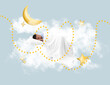 Sleeping little African-American boy with blanket and pillow lying on soft cloud against grey background