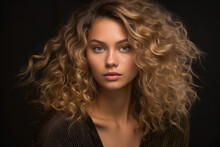 Generative AI Illustration Portrait Of Young Female With Makeup And Flowing Curly Blonde Hair Looking At Camera Against Dark Smoky Blurred Background