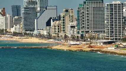 Wall Mural - Tel Aviv coastline hotels and skyscrapers aerial drone view, Israel, 4k