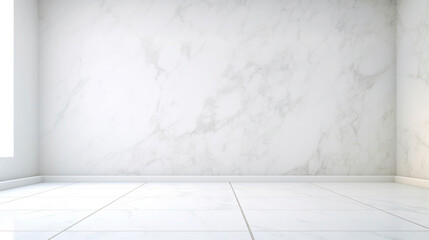 White wall empty apartment room with marble floor and walls. Copy space for product placement. Generative AI