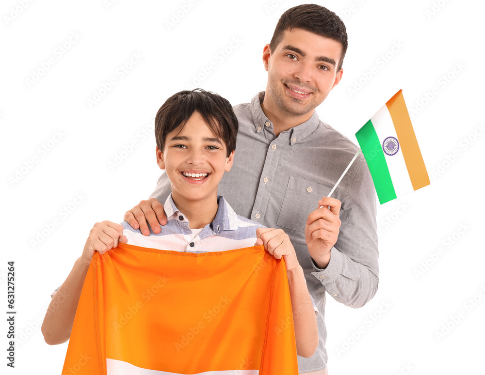 Little boy with his father and Indian flags on white background