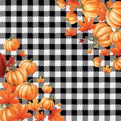 Canvas Print - Autumn orange pumpkins on a plaid. Perfect for fall, Thanksgiving, Halloween, holidays, fabric, textile. Seamless repeat swatch.