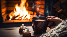 Mug Of Hot Chocolate Or Coffee By The Christmas Fireplace. Woman Relaxes By Warm Fire With A Cup Of Hot Drink. Winter, Christmas Holidays Concept