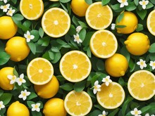 Background With Yellow Lemons And Flowers, Ai Generated