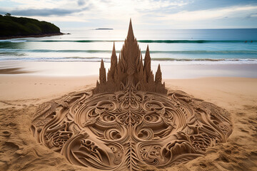 Sticker - Beautiful and intricate sand art created on a pristine beach, demonstrating creativity and transient beauty