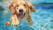  a golden retriever swimming in a pool with a ball.  generative ai