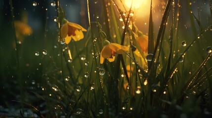 Wall Mural -  some yellow flowers are in the grass with dew on them.  generative ai