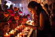 A Scented Tribute: Woman Lights Incense at a Day of the Dead Altar in Memory of Departed Loved Ones