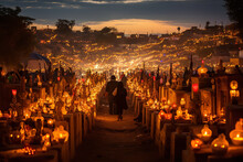 Illuminating The Night: A Mexican Cemetery Lit By Candles During The Sacred Day Of The Dead Festival