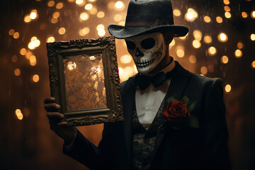 Poster -  Honoring Departed Loved Ones: A Solemn Moment During the Day of the Dead Holding a Framed Photo in Memory