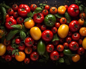 Wall Mural - Colorful ripe tomatoes on black background. Top view, ai generated