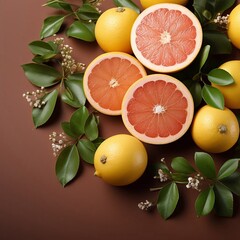 Wall Mural - Fresh ripe grapefruit at orange background with copy paste. Top view. AI generation