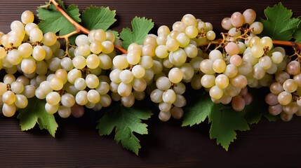 Wall Mural - Close up of Bunch of yellow grapes on dark brown background. Top view. Copy space plase. AI generated