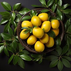 Wall Mural -  Fresh ripe mangoes in bowl at dark background. Top view. AI generated