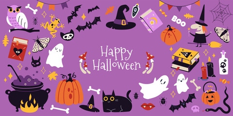 Wall Mural - Happy Halloween set with pumpkins, bat and decoration  carnival elements. Mystical magic collection clip art. Trendy modern vector illustration on purple background, hand drawn, flat design