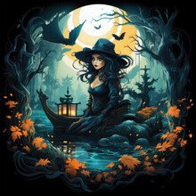 A Serene Fishing Mom Halloween T-shirt Design Featuring A Mother Dressed As A Serene Mermaid, Fishing In The Moonlit Waters Of An Underwater Graveyard, Generative Ai